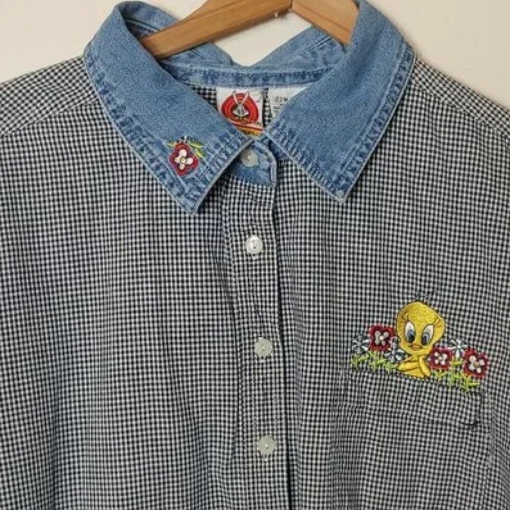 Vintage Chambray Button Top Checker Tweedy‎ Bird Novelty Print Embroidered